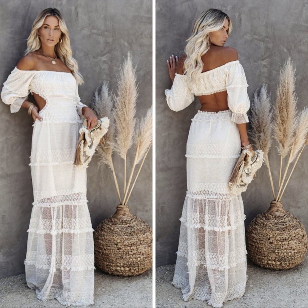 Skylar Rose Porsha Off the Shoulder Open Back Maxi Dress in Lace Tiers